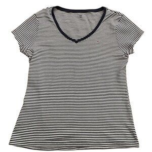Tommy Hilfiger Womens Striped V-Neck T-Shirt-Soft-Blue/White-Size XL-GUC